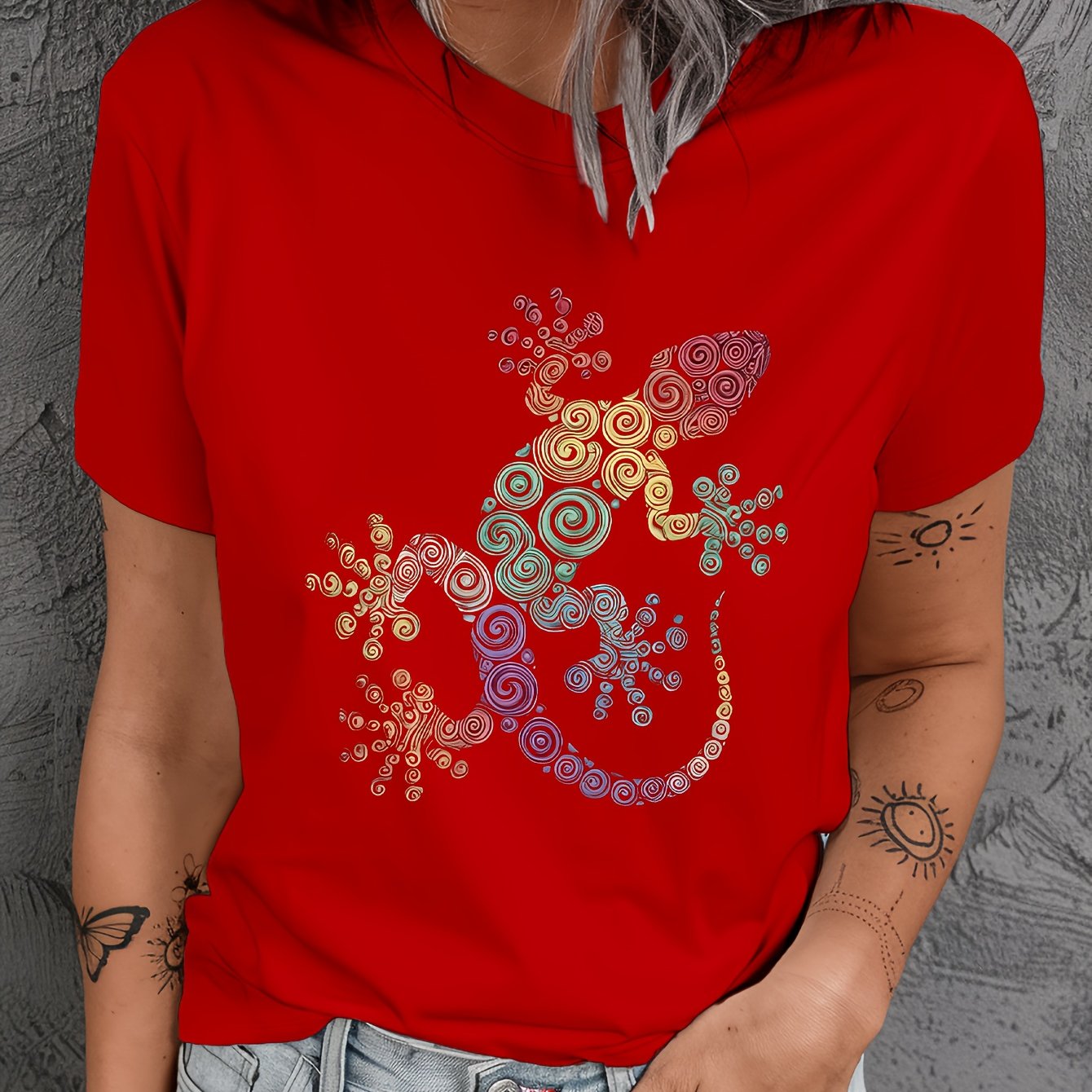 Plus Size Colorful Spiral Gecko Print T-Shirt Casual Breathable Summer Autumn
