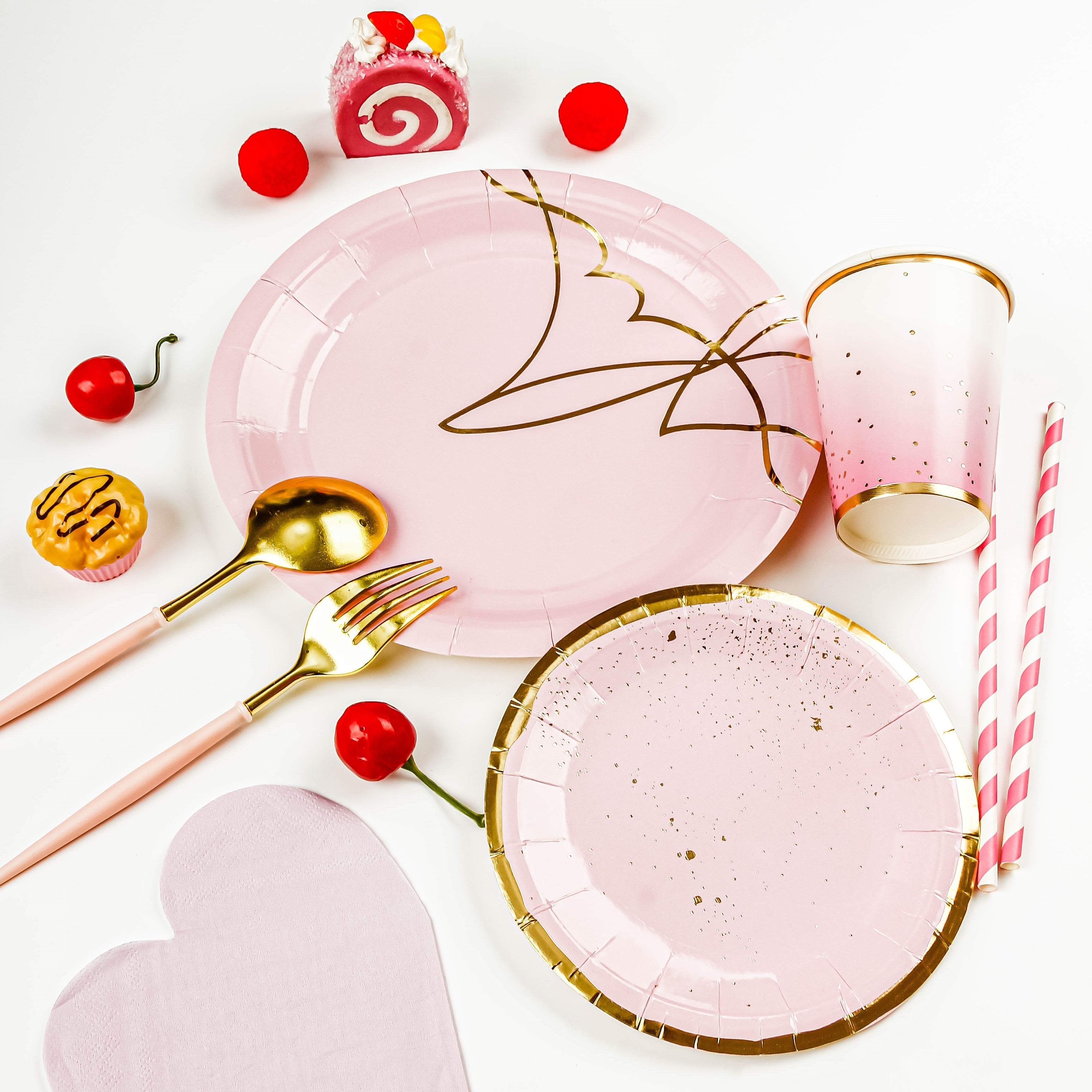 Set of 8 to 16 Pink and Gold Foil Polka Dot Disposable Cutlery Plates Cups with Heart Napkins for Parties Weddings Holidays