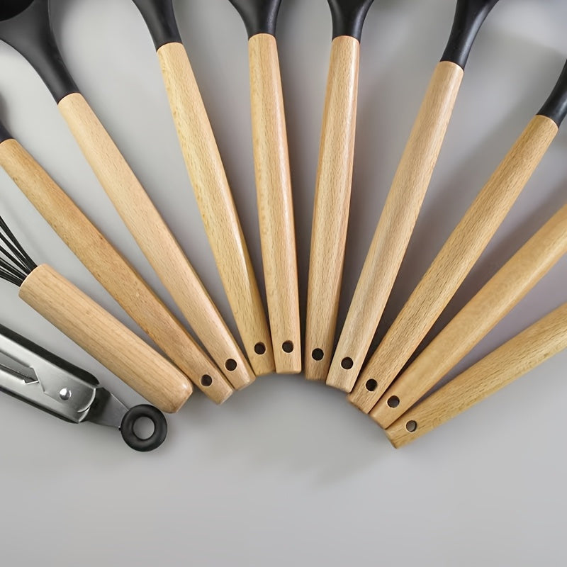 Silicone Kitchen Utensil Set 12 Pieces Non-Stick Food-Safe Cooking Tools with Wooden Handles