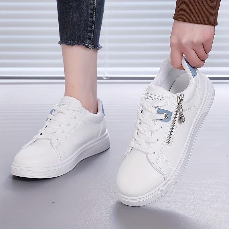 Ladies' Side Zipper Low-Top Flat Shoes, Comfortable Solid Color Walking Sneakers
