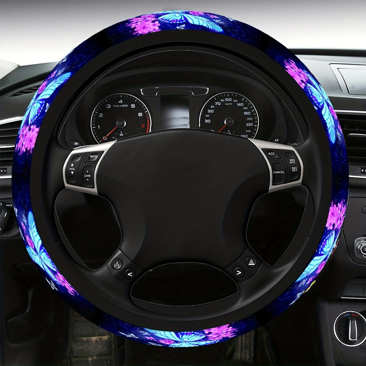 Katta ko‘k rangli kapalak bosimi bilan avtomobil aksessuarlar to‘plami, rul boshqich qopqog‘i, o‘rindiq kamar qoplamalari bilan