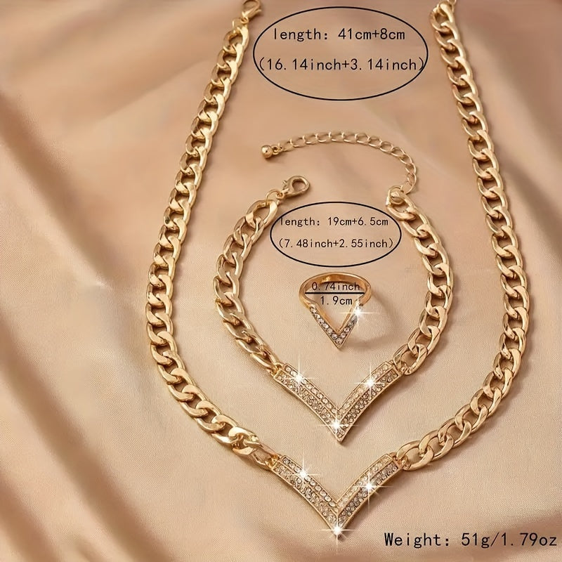 Zarif V-shaklidagi rhinestone zargarlik to'plami - Bunga uzuk, bilaguzuk va marjon kiradi | Har kuni kiyinish uchun ideal