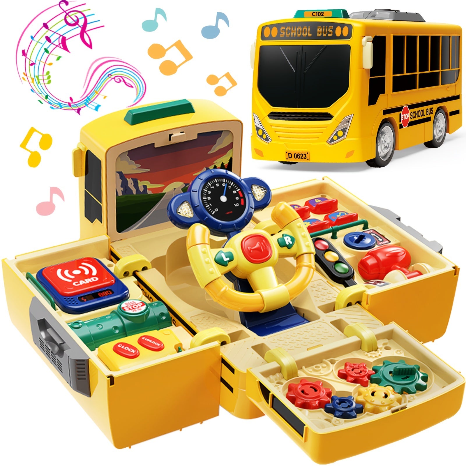 Toy School Bus with Sound Light Steering Wheel Music Education for Boys and Girls