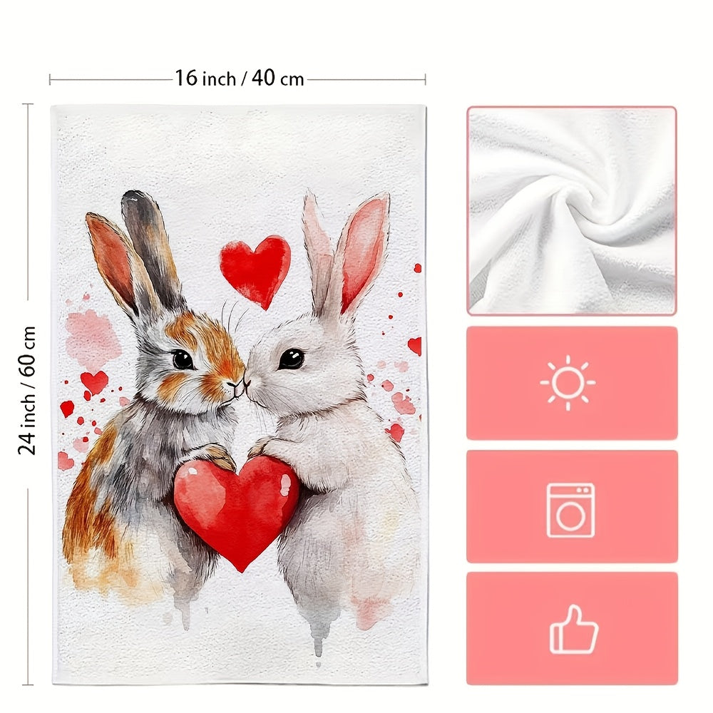 Valentine's Day Kitchen Towels Set 2 Ultra Soft Absorbent Bunny Heart Design