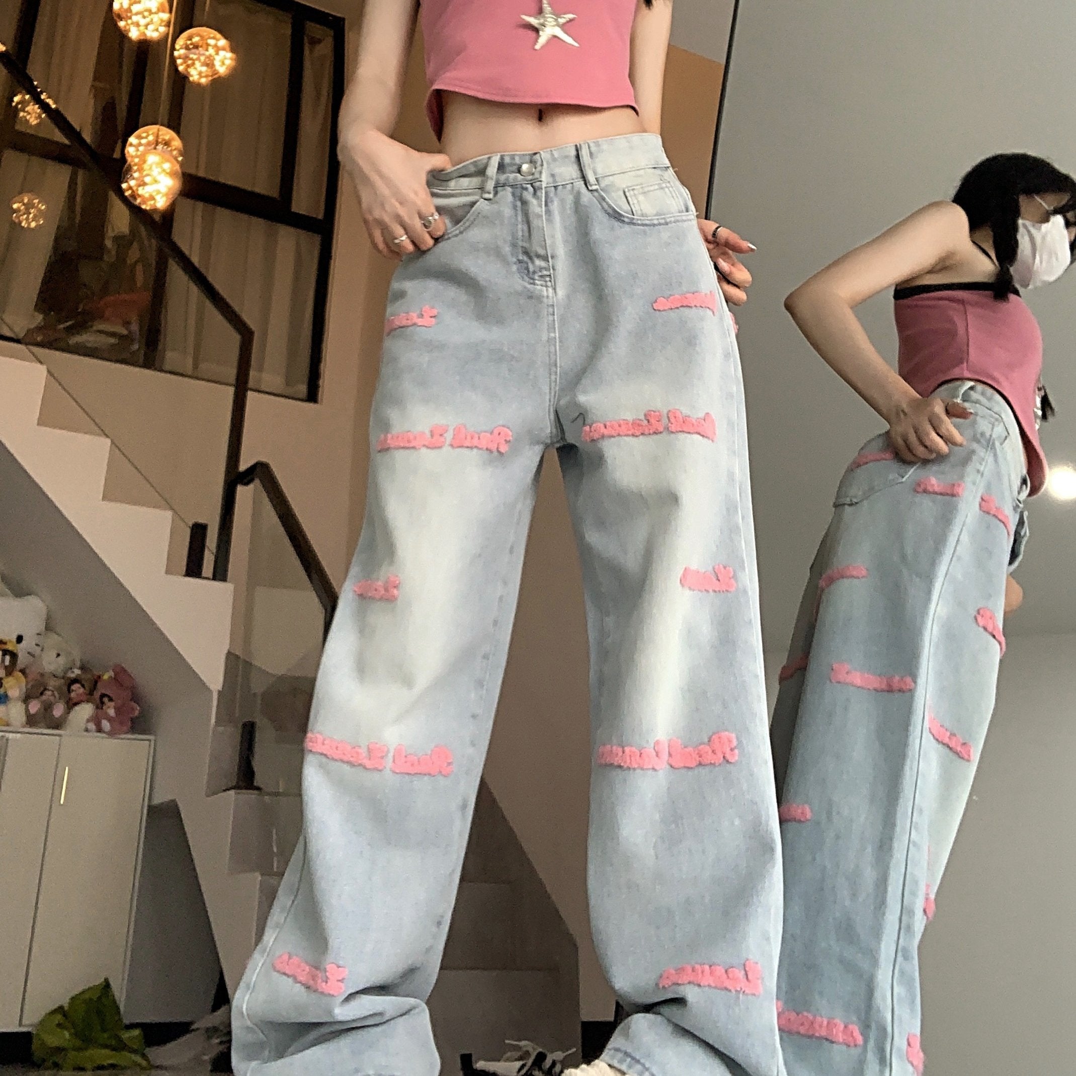 High-Waisted Embroidered Denim Jeans with Straight Leg and Button Fly Closure