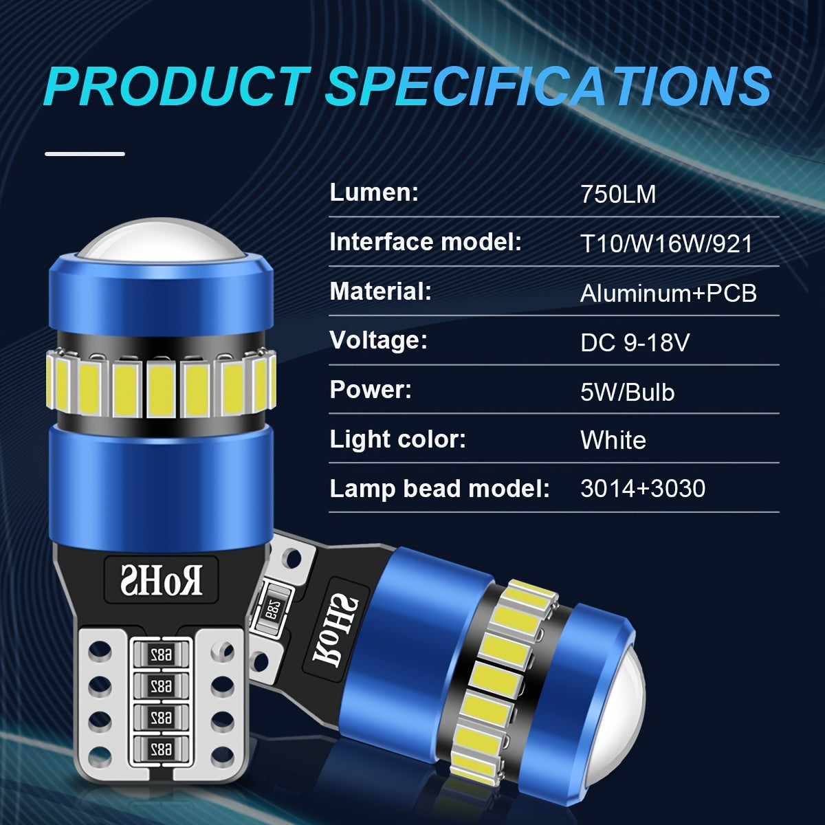 Набор из 2 светодиодных ламп T10 12V для автомобилей, внутреннего освещения и чтения