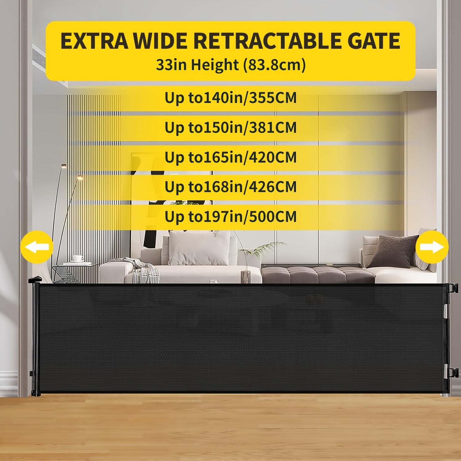 Baby Safety Gate Retractable Mesh Adjustable Height 83.82cm to 104.14cm for Doorways Stairs Hallways Indoor Outdoor