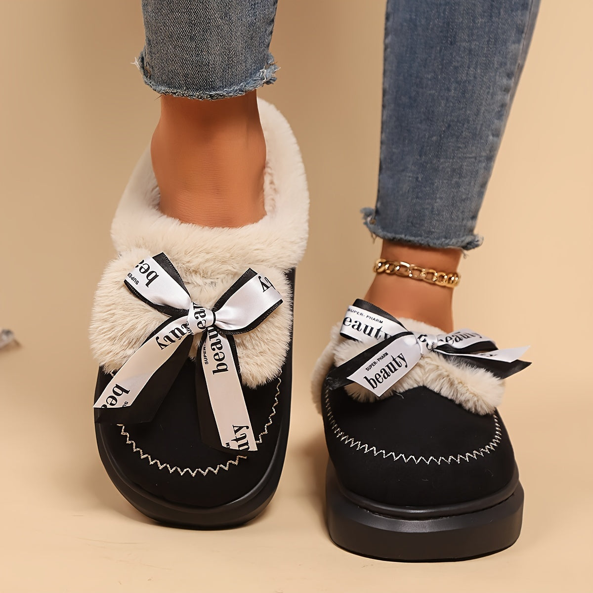 Women’s Plush Winter Slippers with Bowknot Non-Slip Sole for Indoor Outdoor