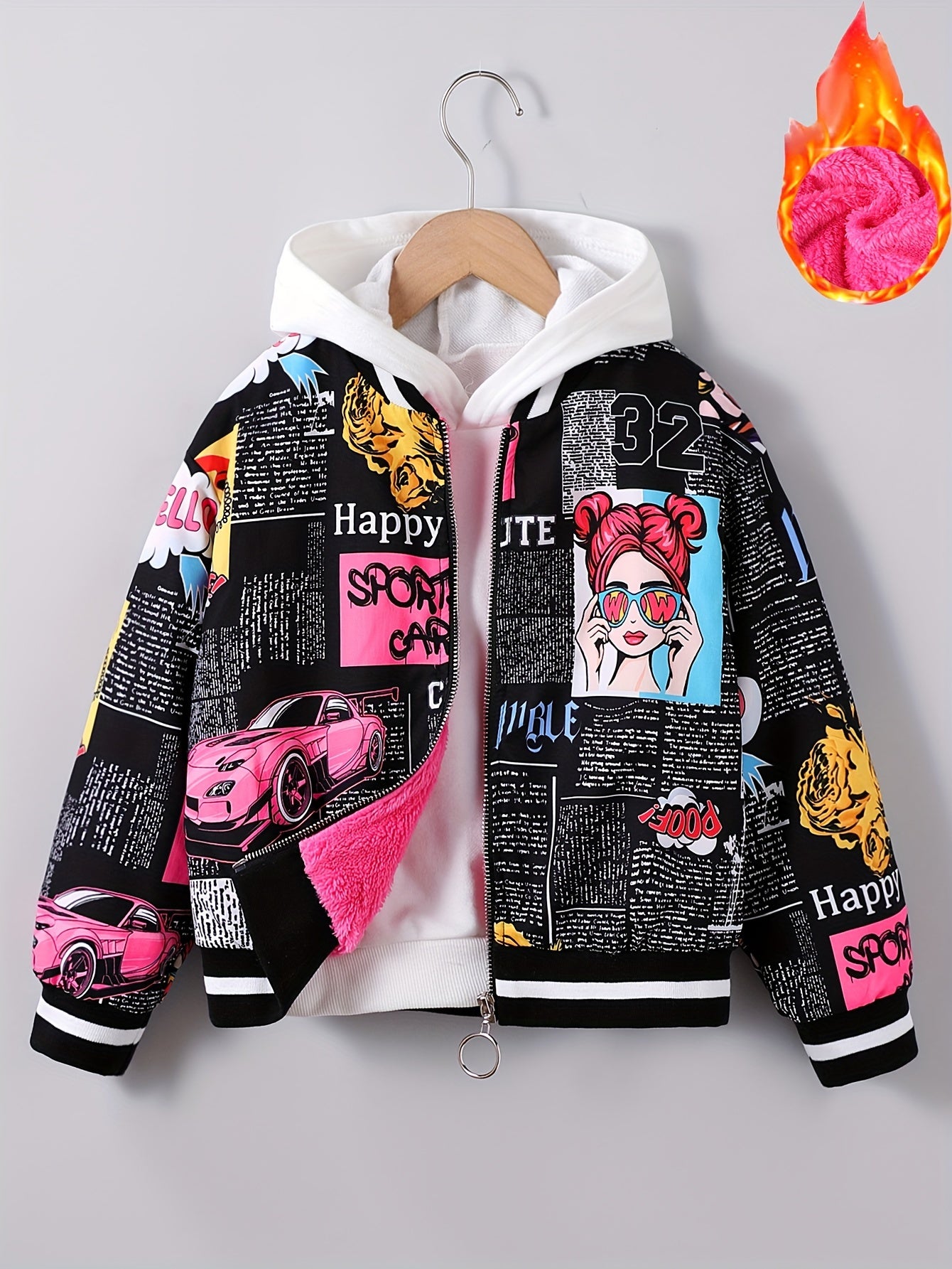 Girls Fleece-Lined Pop Art Bomber Jacket for Fall Winter Sizes 130-170
