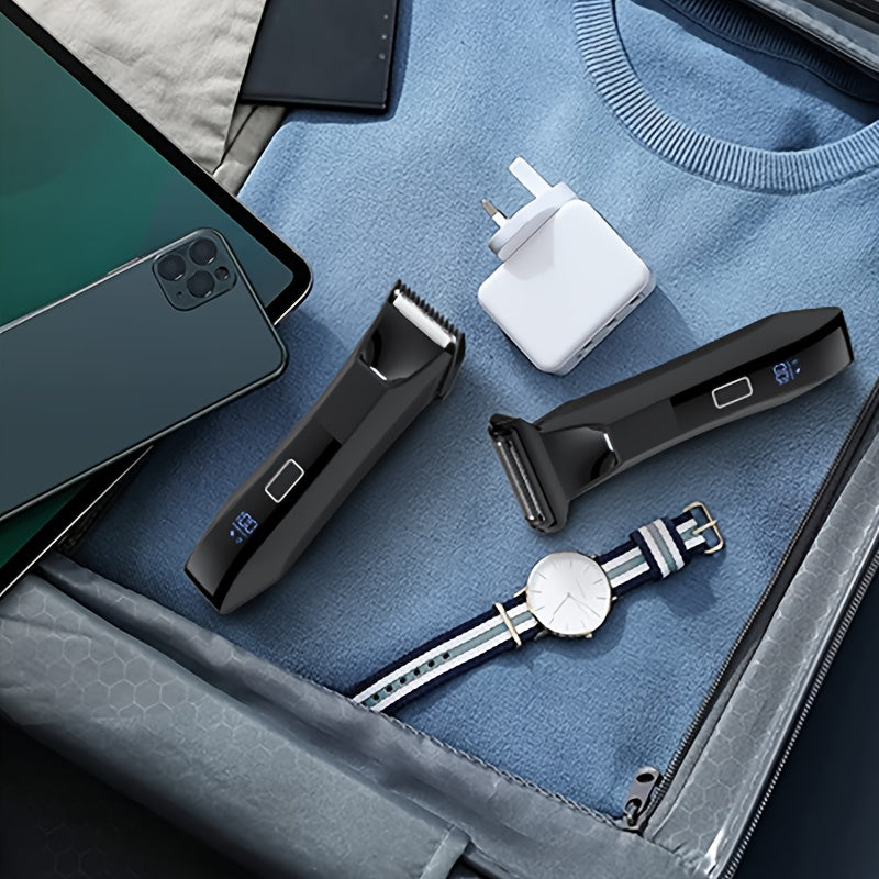 Dual-head body hair trimmer groin shaver stainless steel blades LED display USB rechargeable lightweight travel lock 60+ min runtime