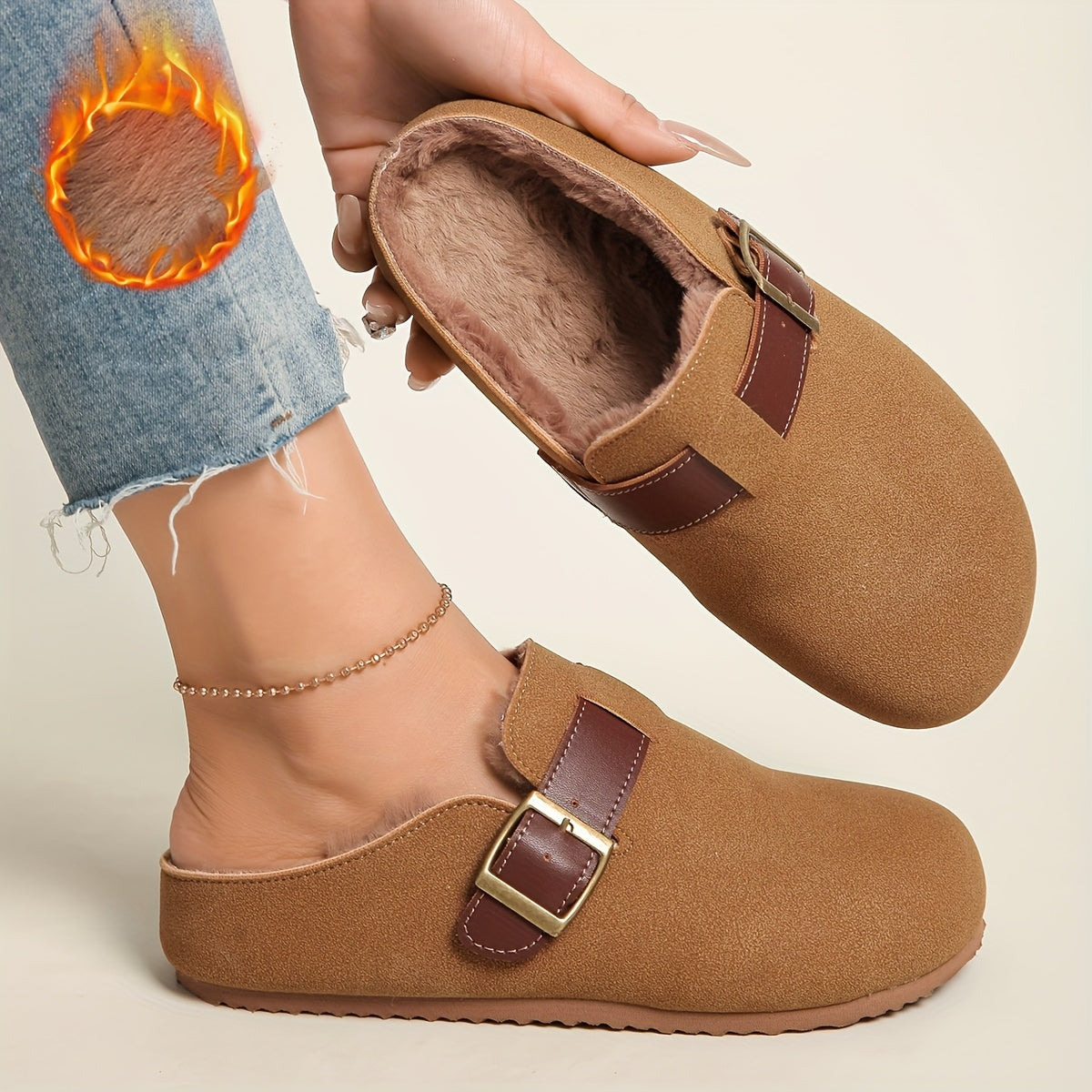 Women Mule Shoes Flat Fleece Slip-On Casual Comfortable