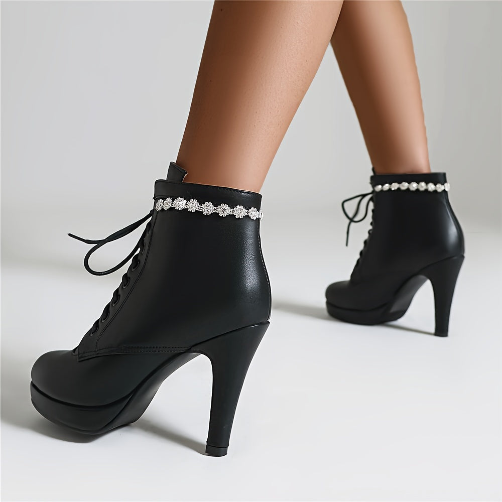 Women High Heel Booties with Lace-Up Closure Rhinestone Chain Winter Dress