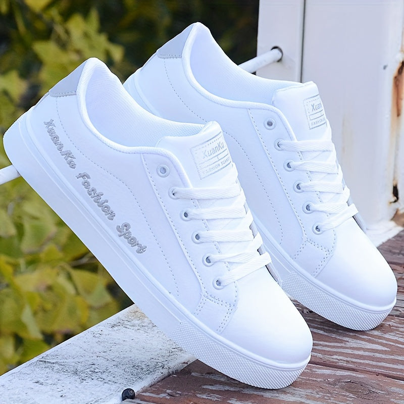Men's White Skate Sneakers with Letter Embroidery, Casual Low-Top Shoes
