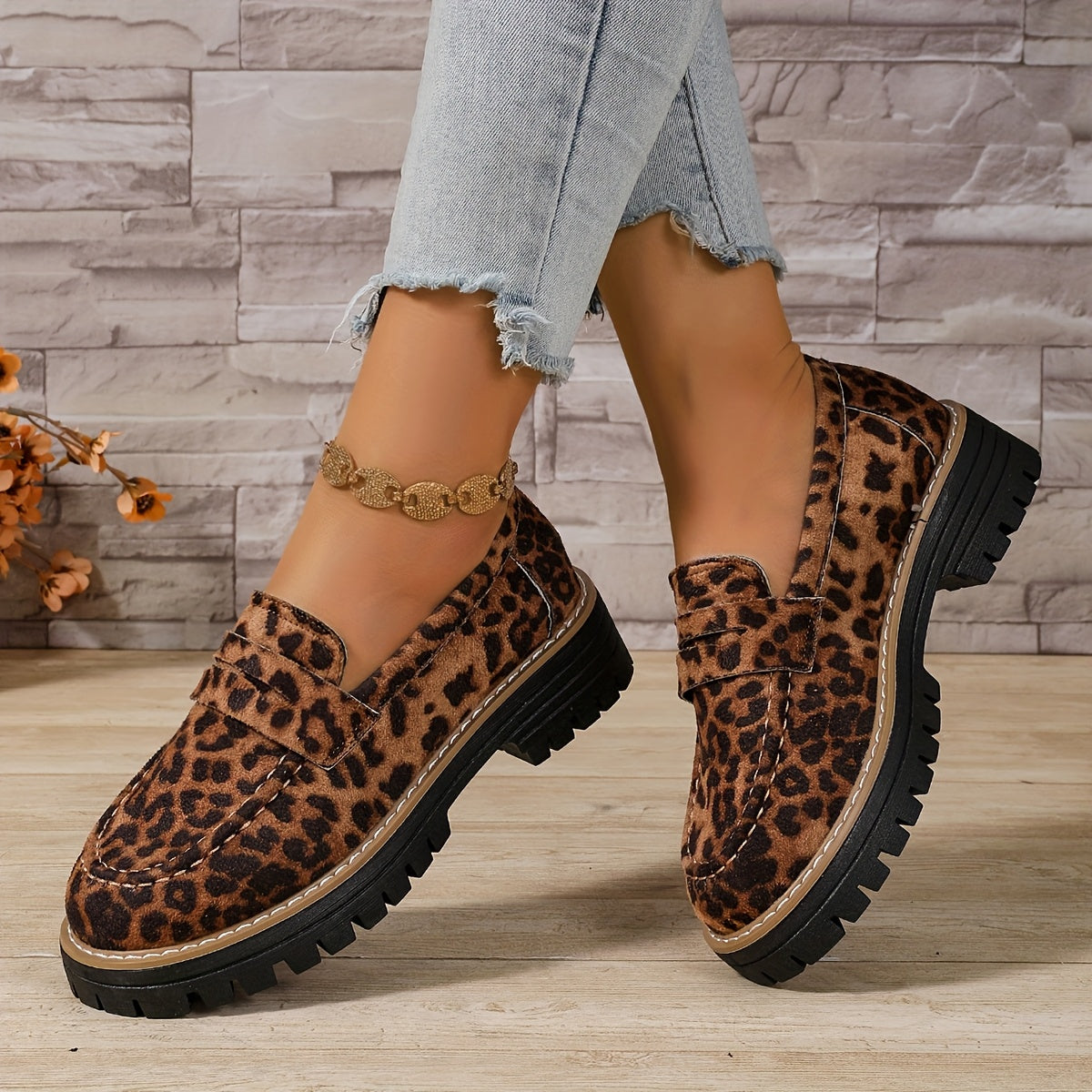 Women's Leopard Print Platform Loafers Wide Fit Casual Flat Shoes