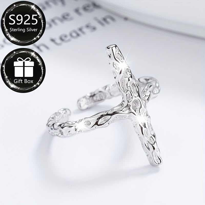 Sterling Silver Adjustable Open Cross Ring Textured Folding Pattern Unisex Jewelry