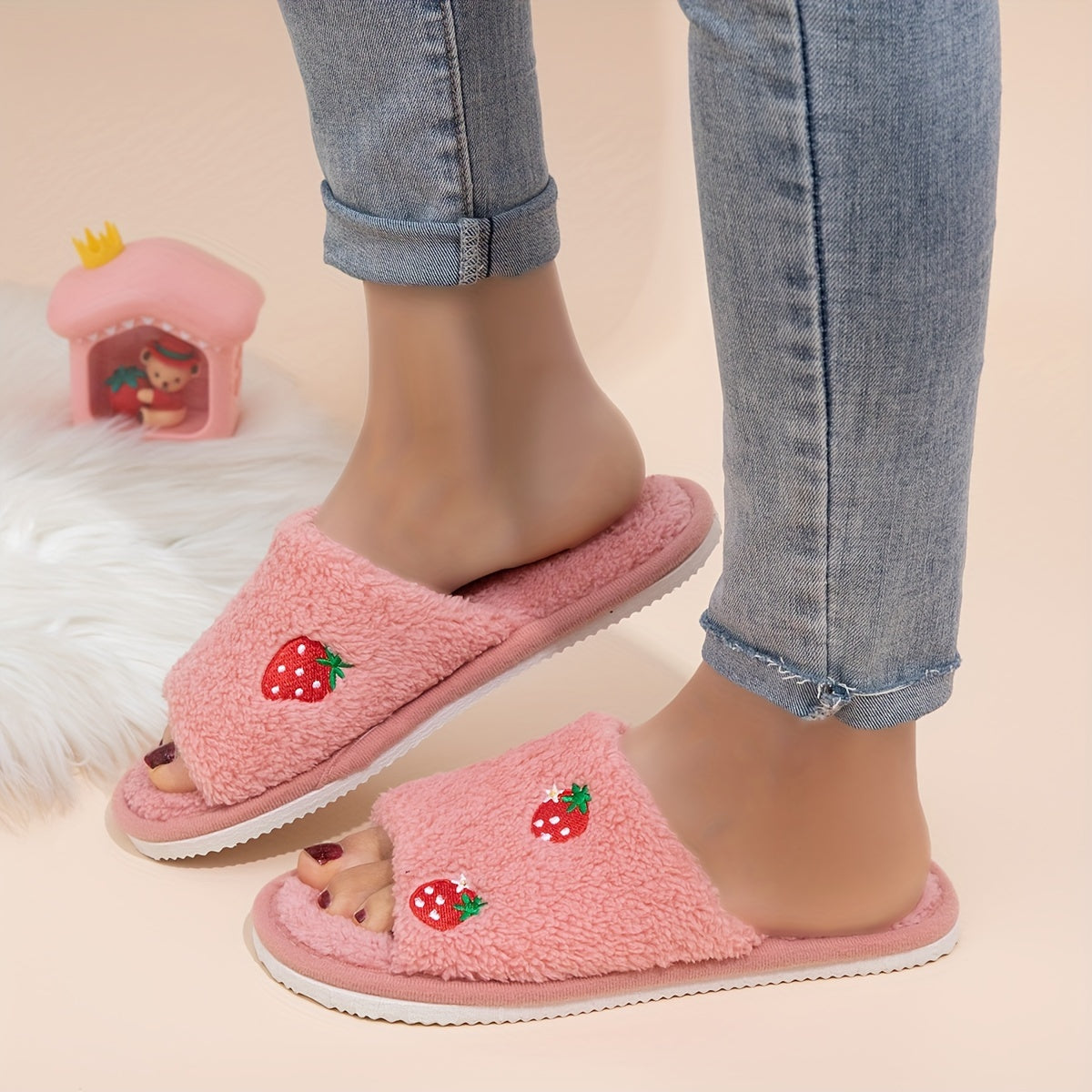 Women’s Strawberry Embroidered Open-Toe Slippers with Non-Slip EVA Sole