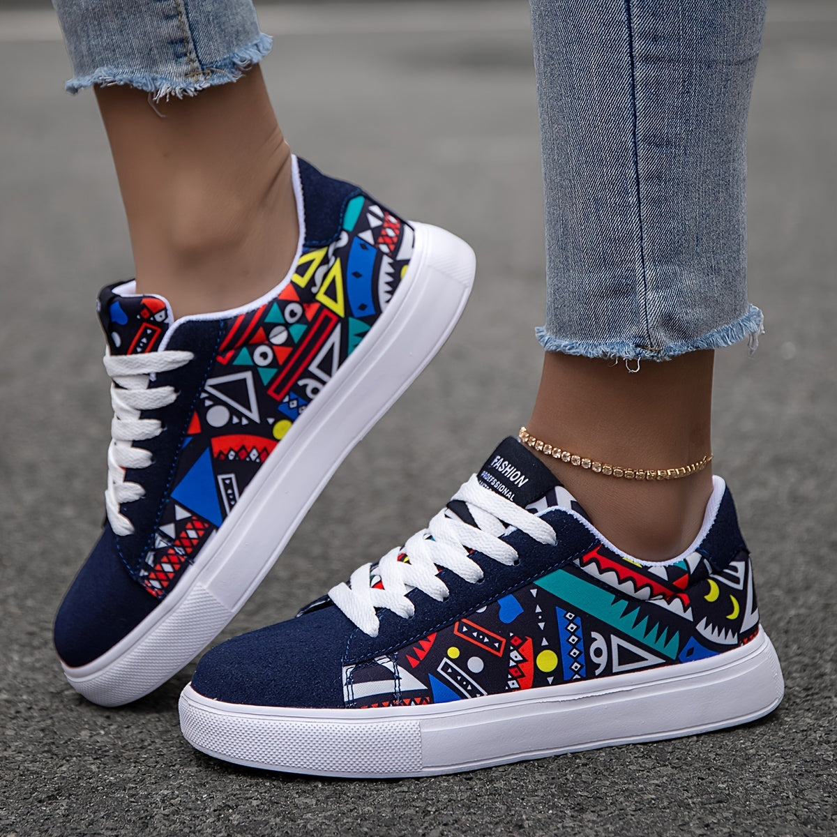 Unisex Geometric Pattern Casual Sneakers Lightweight Fabric Low Top EVA Sole