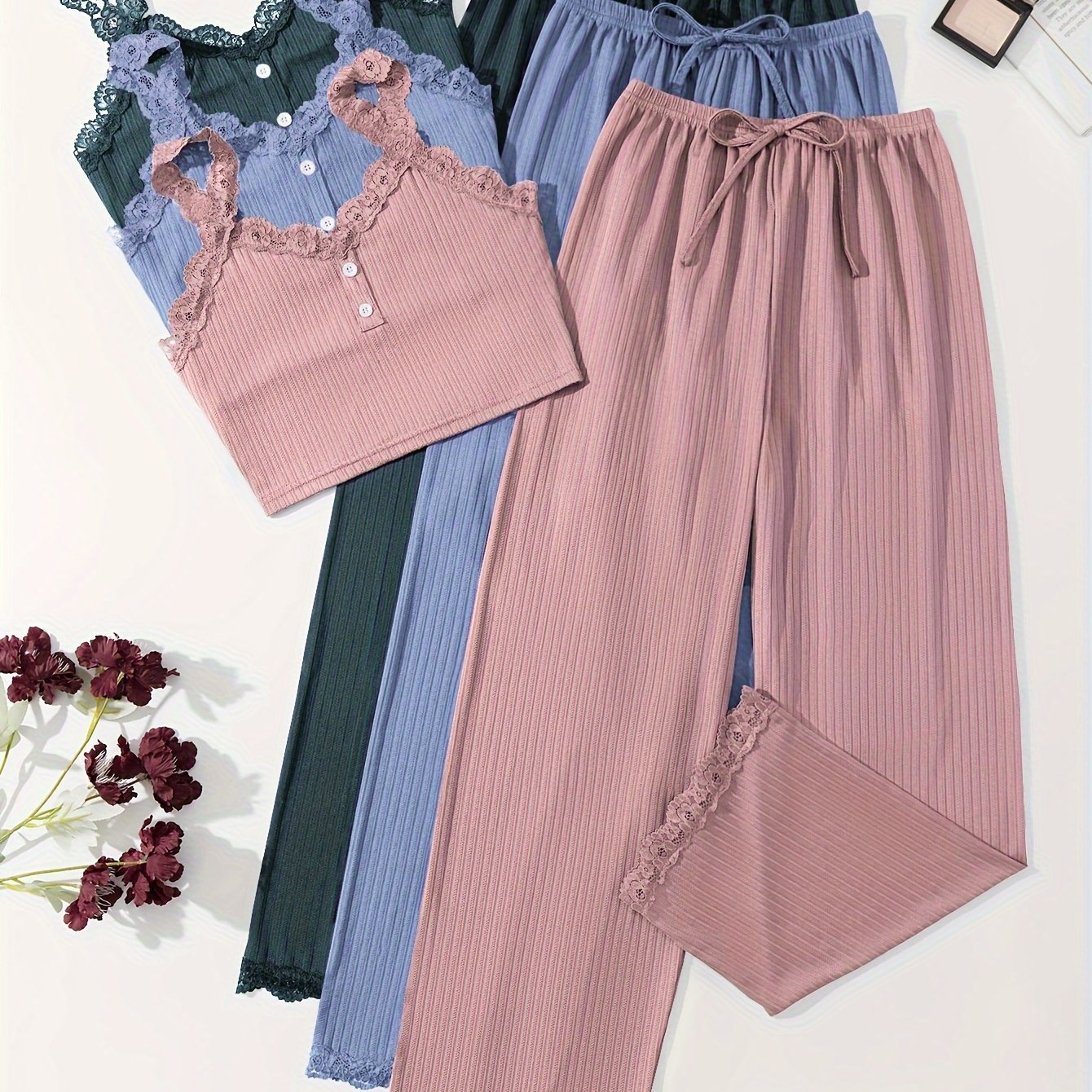 Women's Ribbed Lounge Set with Lace Trim Crop Cami Top and Long Pants