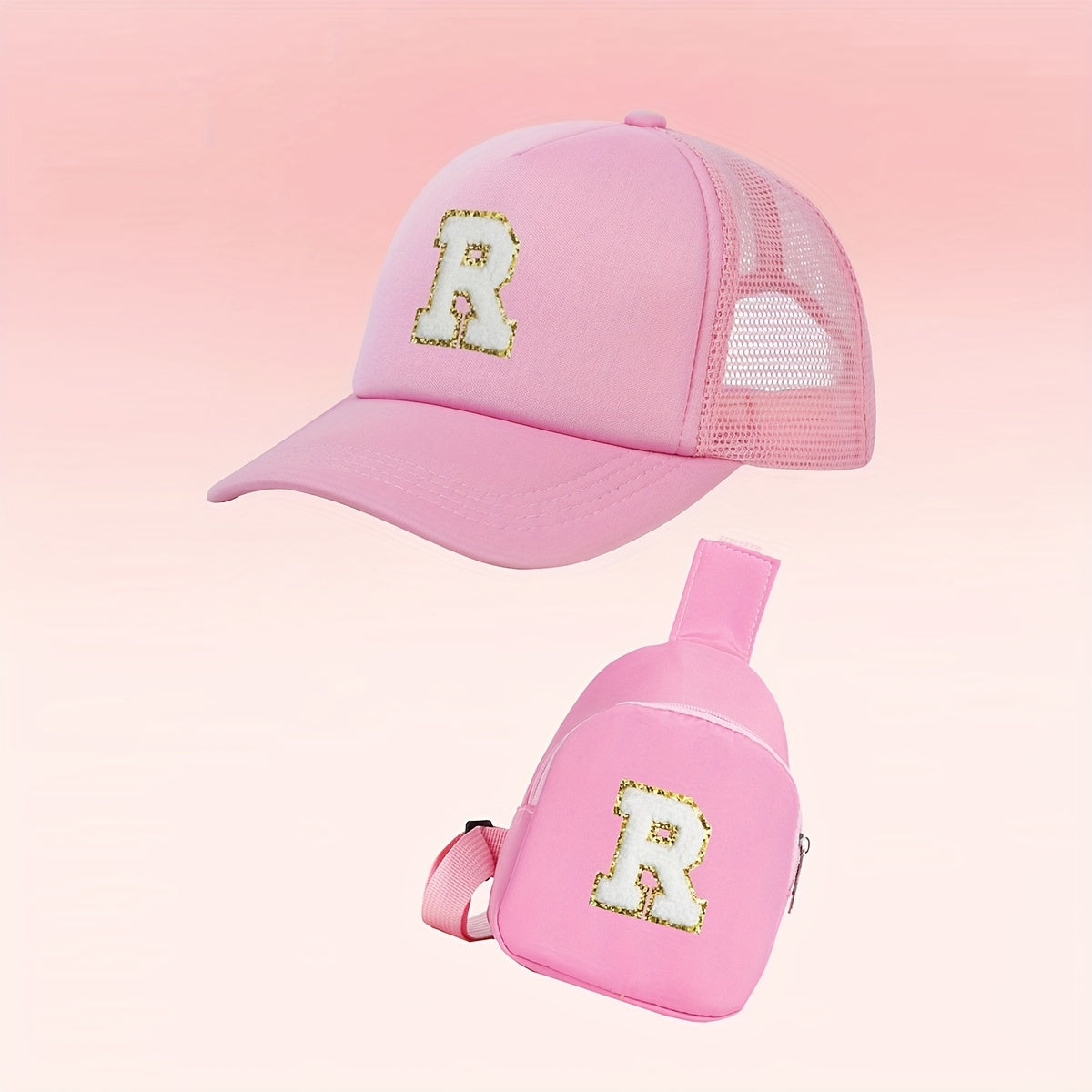 Girls Alphabet-Themed 2-Piece Baseball Cap and Bag Set Polyester Breathable Fitted for Ages 3-14