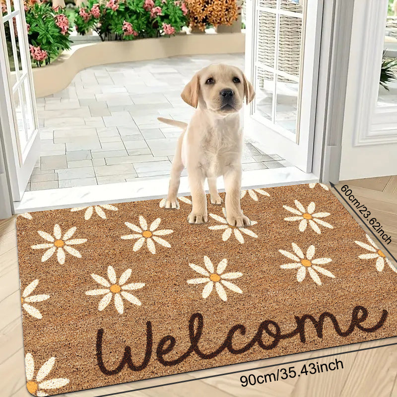 Alfombra de puerta con patrón de margarita de poliéster antideslizante rectangular hecha a máquina