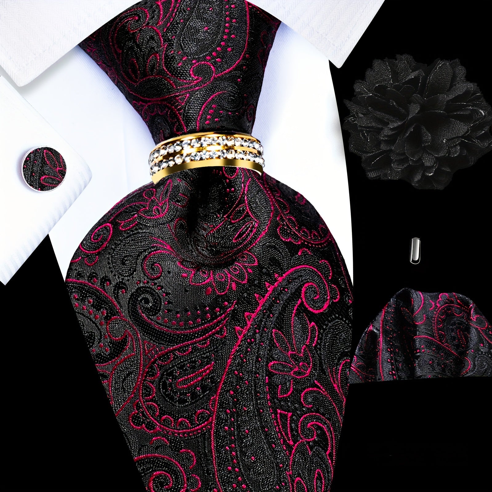 Men's Accessories Set Tie Pocket Square Cufflinks Lapel Pin Tie Ring for Wedding Groom