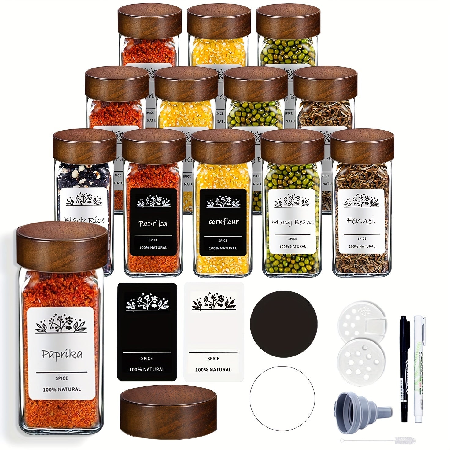 Set of 6 12 or 24 Glass Spice Jars with Sandalwood Lids 120ml Kitchen Organization