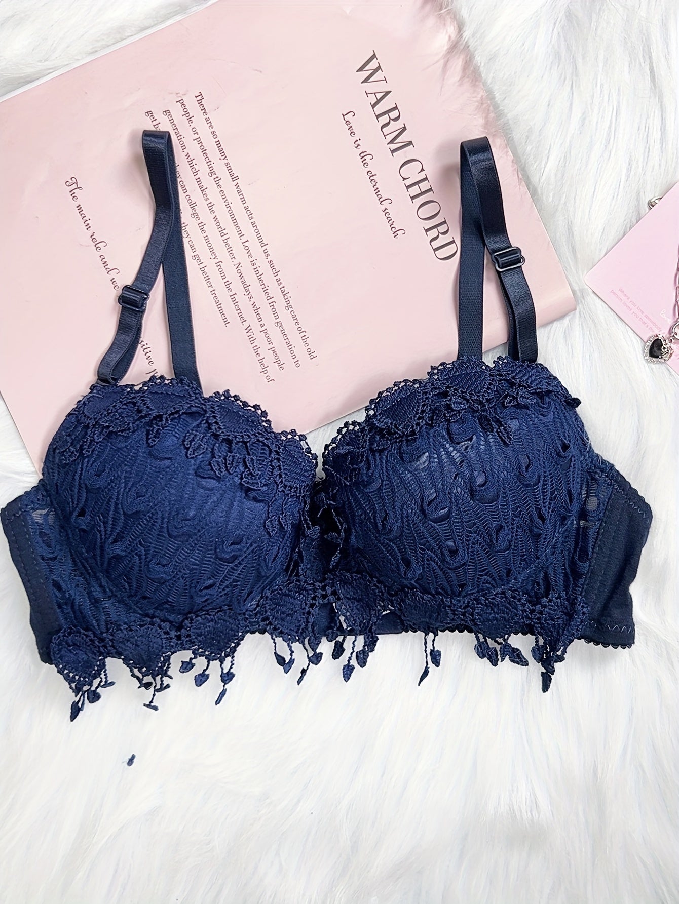 Women Red Heart Embroidery Lingerie Set with Push-Up Bra and Removable Pads