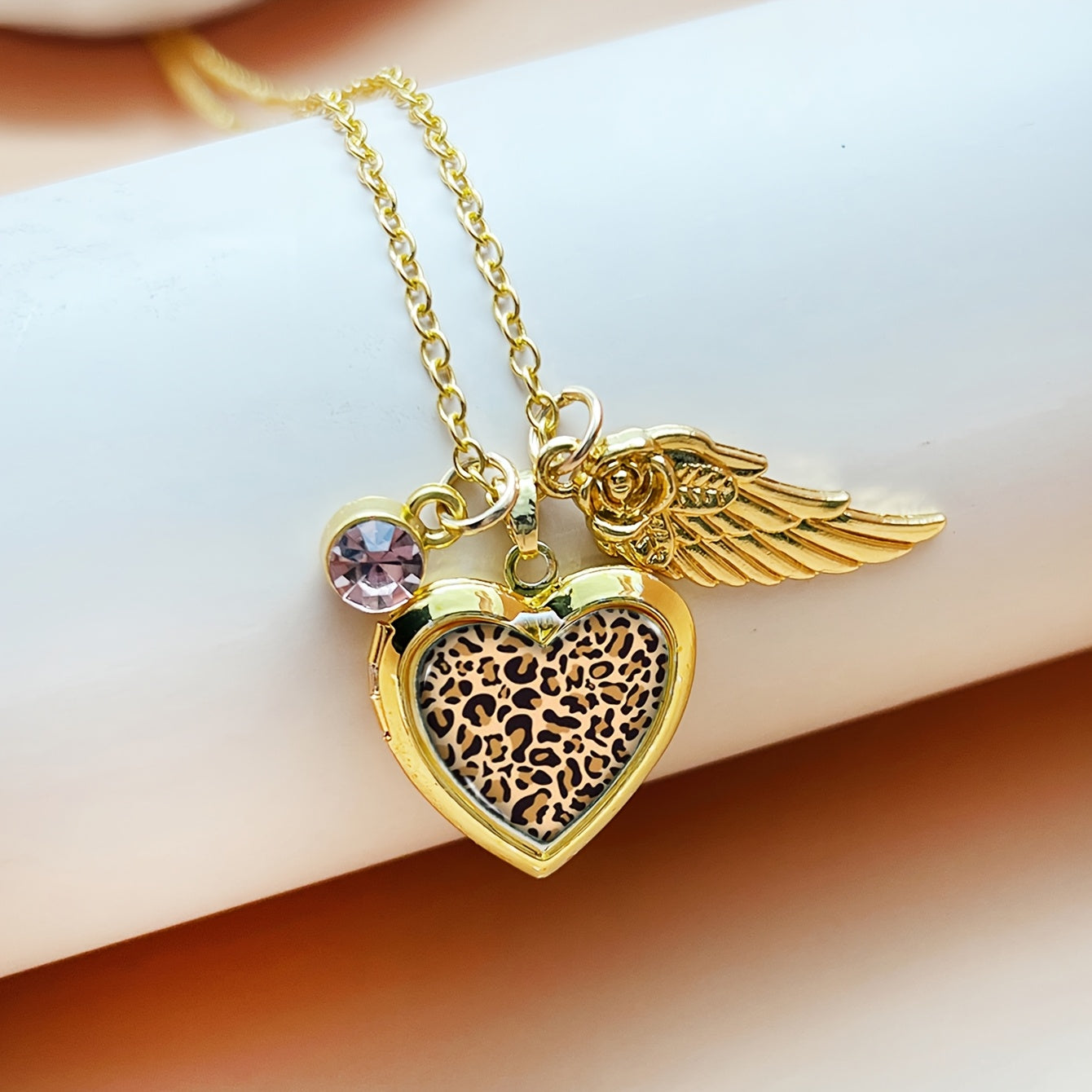 Heart-Shaped Photo Locket Necklace with Leopard Print December Birthstone Rhinestones Copper Gold