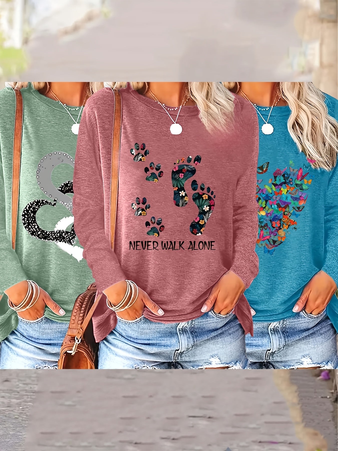 Women's Casual Long Sleeve T-Shirts Set with Geometric Prints in Black Teal Pink and Purple