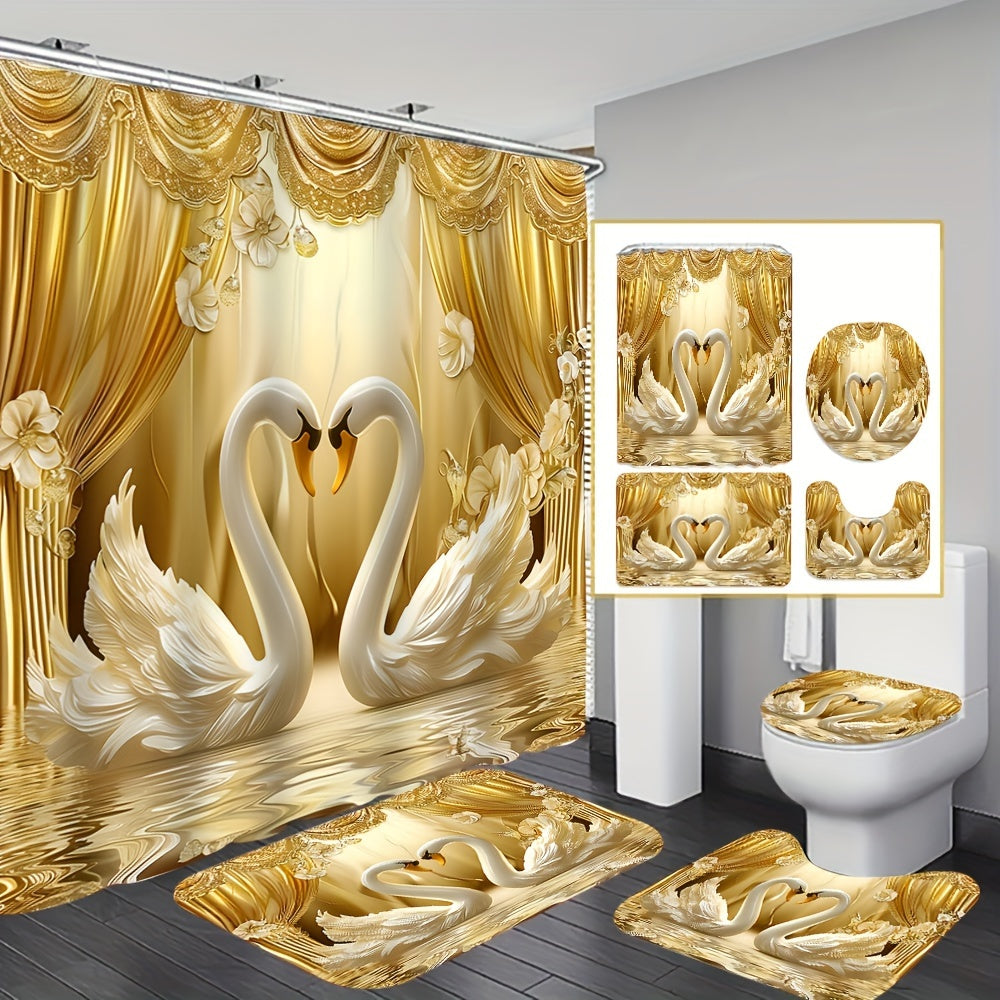 Golden 3D Swans Bathroom Set with Hooks Curtain Mat Seat Cover Rug for Valentine's Day