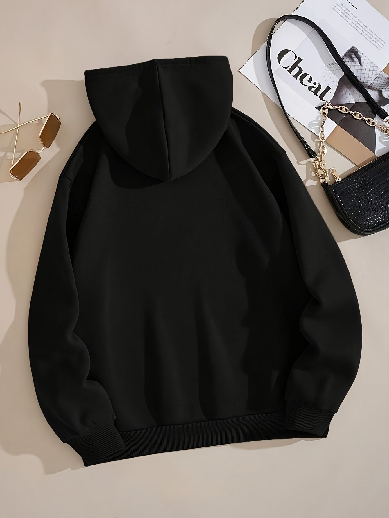 Women's Black Polyester Hoodie with Front Pocket, Oversized, Fall Winter