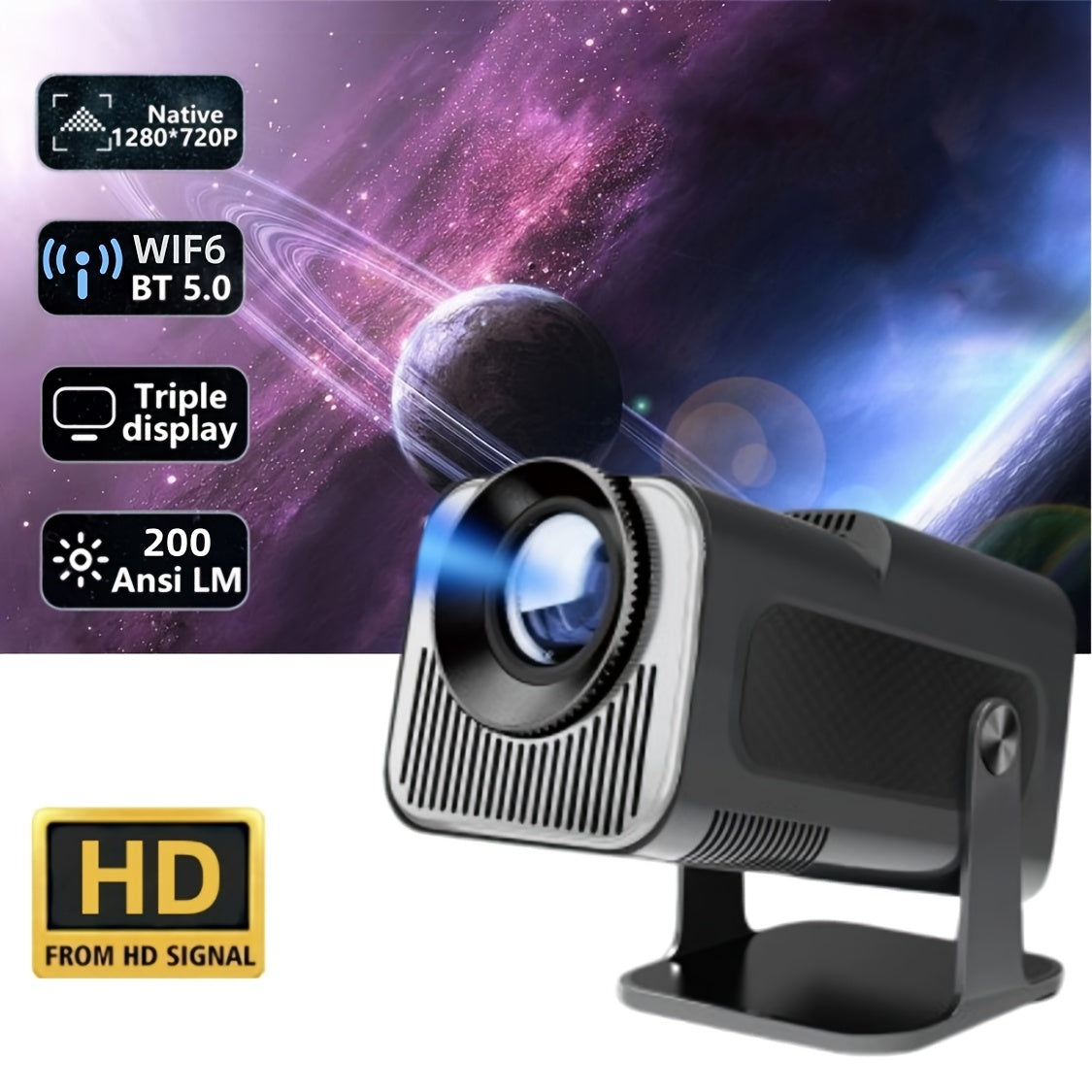 Mini portativ proyektor HD 1280x720P Wi-Fi BT 5.0 Kompakt uy kinoteatri