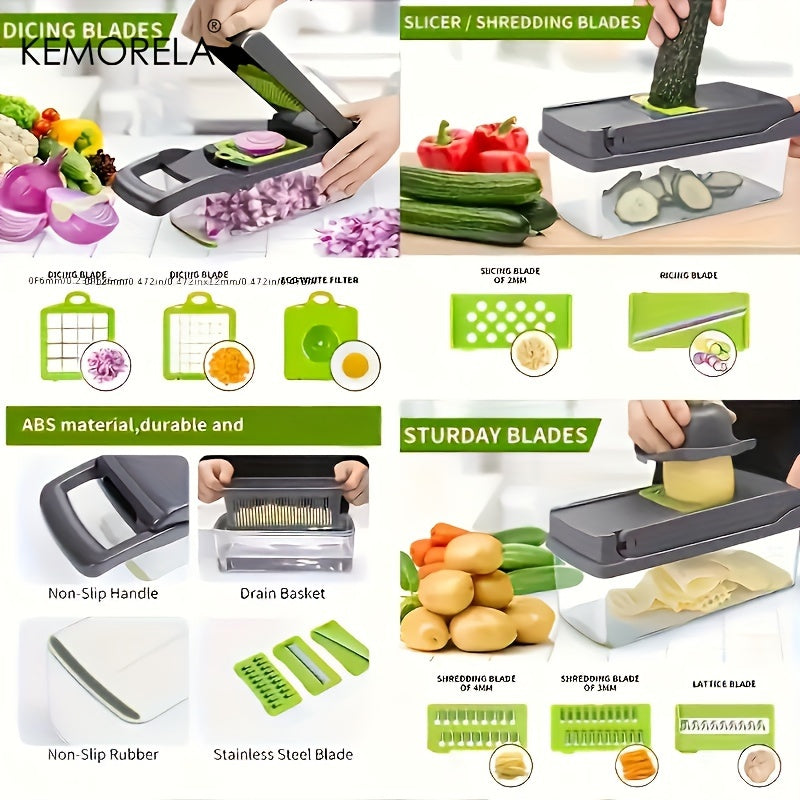 Picadora de verduras 16 en 1 con procesador de alimentos, recipiente, mandolina, rallador de queso, utensilio de cocina