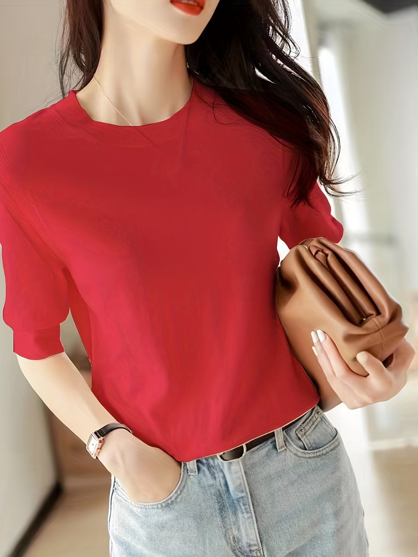 Women's Knit Sweater Crew Neck Solid Short Sleeve Spring Summer Casual