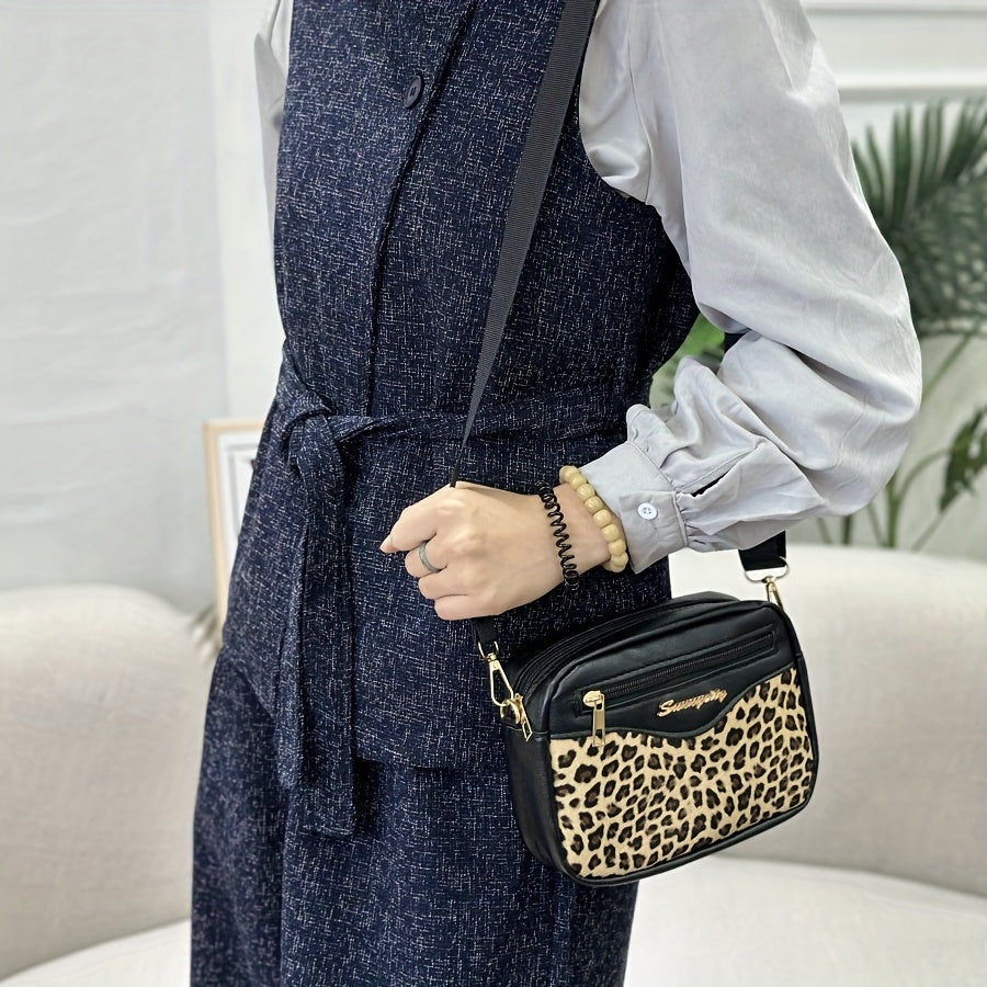 Bolso bandolera de leopardo para mujer, pequeño, de PU negro, casual, con bolsillo para teléfono y monedero