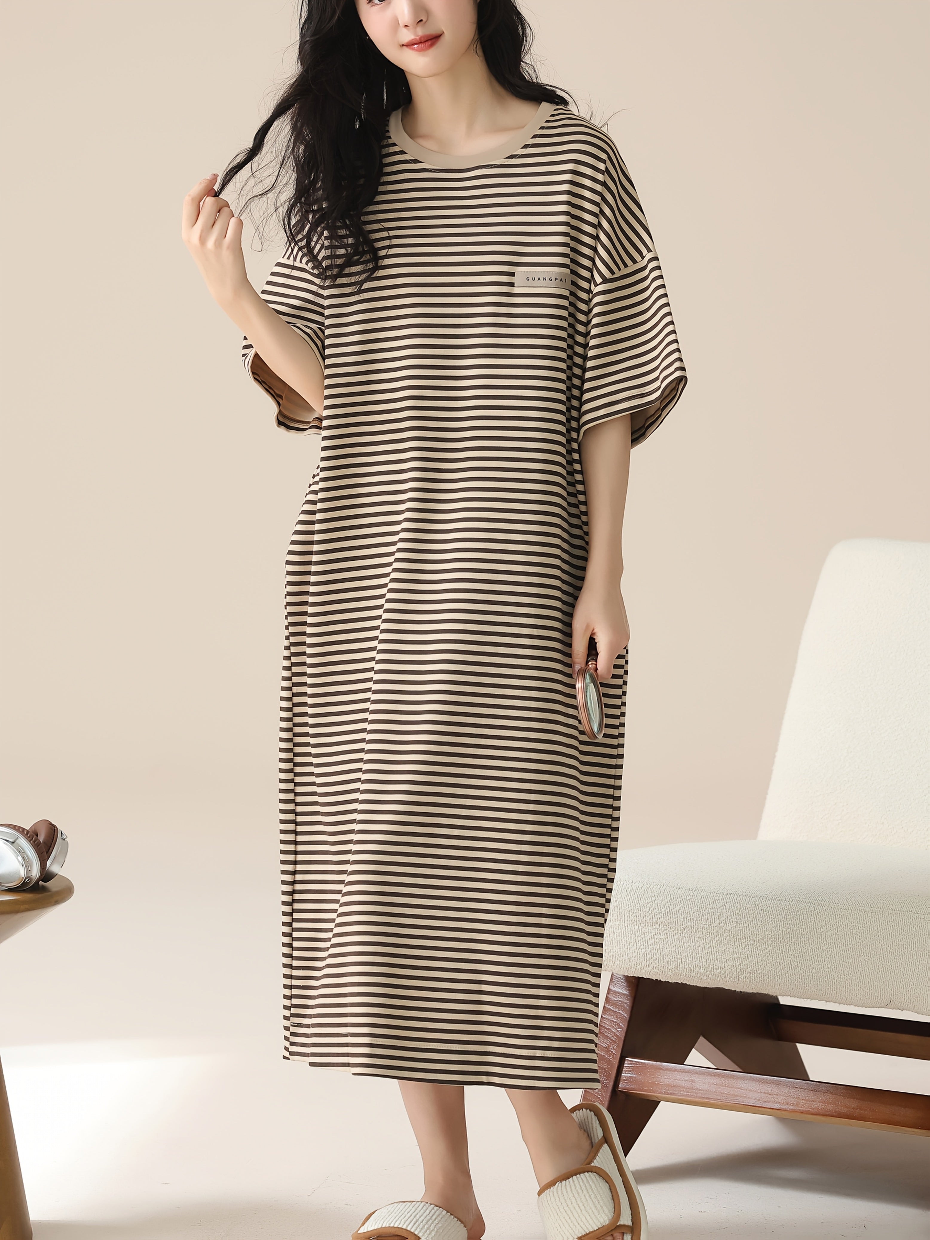 Plus Size Women's Sleep Dress Polyester Striped Long Lounge Wear