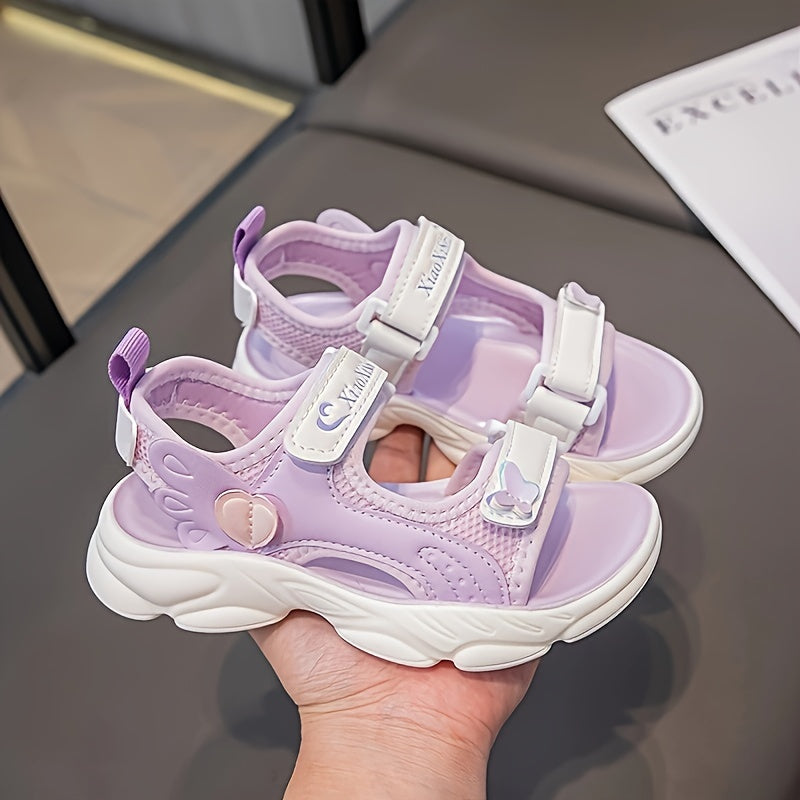 Girls Summer Sandals Lightweight Non-Slip Pink White Heart Wing Design Breathable Mesh