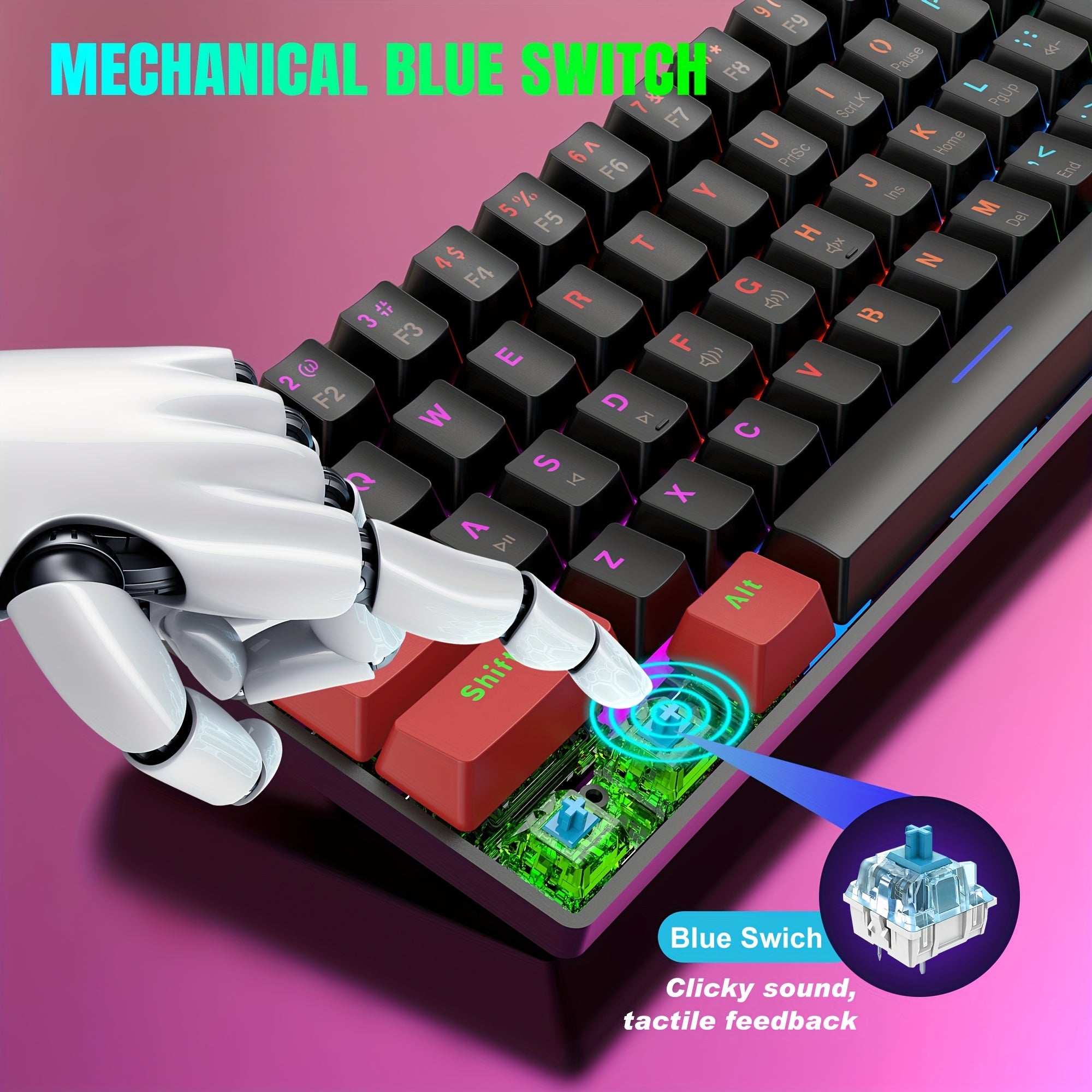 60% mexanik o'yin klaviaturasi, LED orqa yoritgichli, ko'k va qizil kalitlar, portativ, kichik, simli