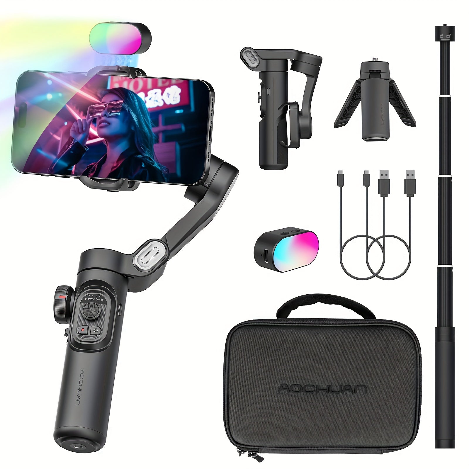 3-Axis Phone Gimbal Kit with RGB Fill Light Extension Rod Tripod and Carrying Case