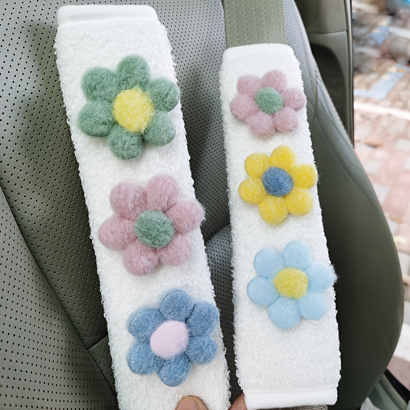 2 piezas de protectores de hombro para cinturón de seguridad de coche con diseño floral y peluche, cubiertas de seguro