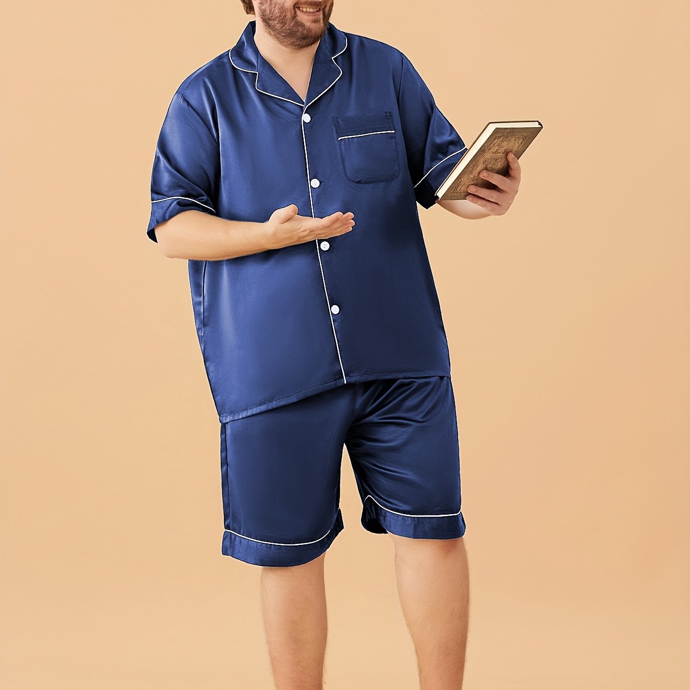Plus Size Men's 2-Piece V-Neck Pajama Set Polyester Short Sleeve Shirt and Shorts