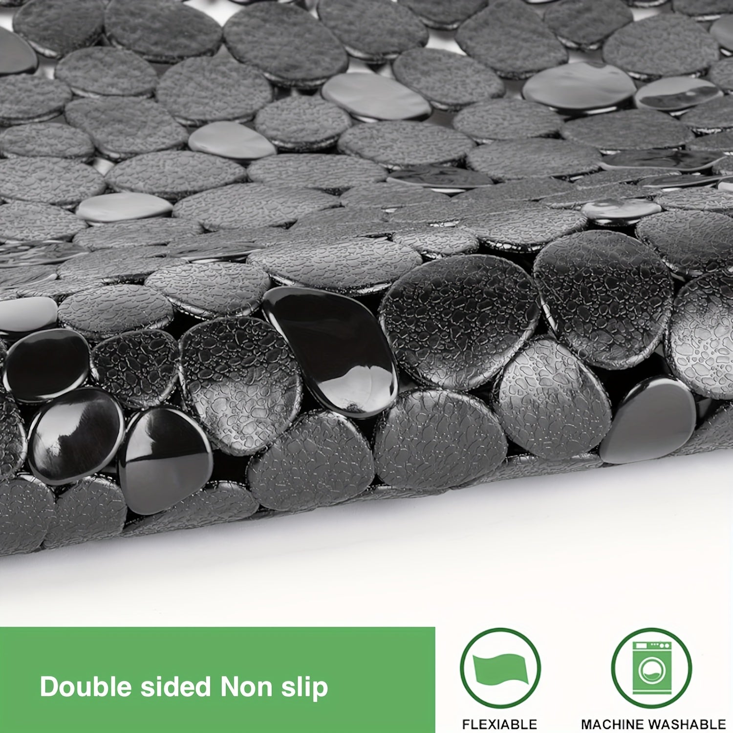 "Pebble Design" suzish qopqog'i, 1 dona, o'lchami 68.58x35.56 sm, mashinada yuvish mumkin, BPA va lateksdan xoli, PVC dush qopqog'i, hammom xavfsizligi va uy bezaklari uchun drenaj teshiklari bilan.