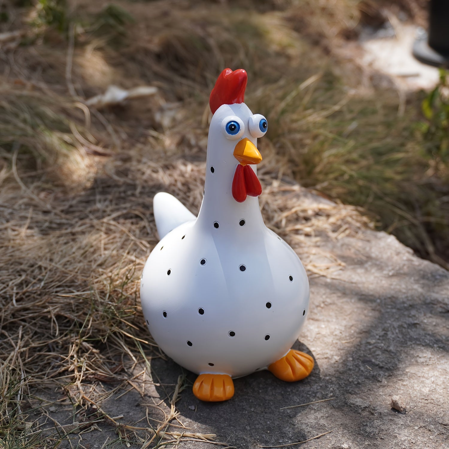 Large-Eyed Polka Dot Rooster Resin Garden Figurine Indoor Outdoor Decor