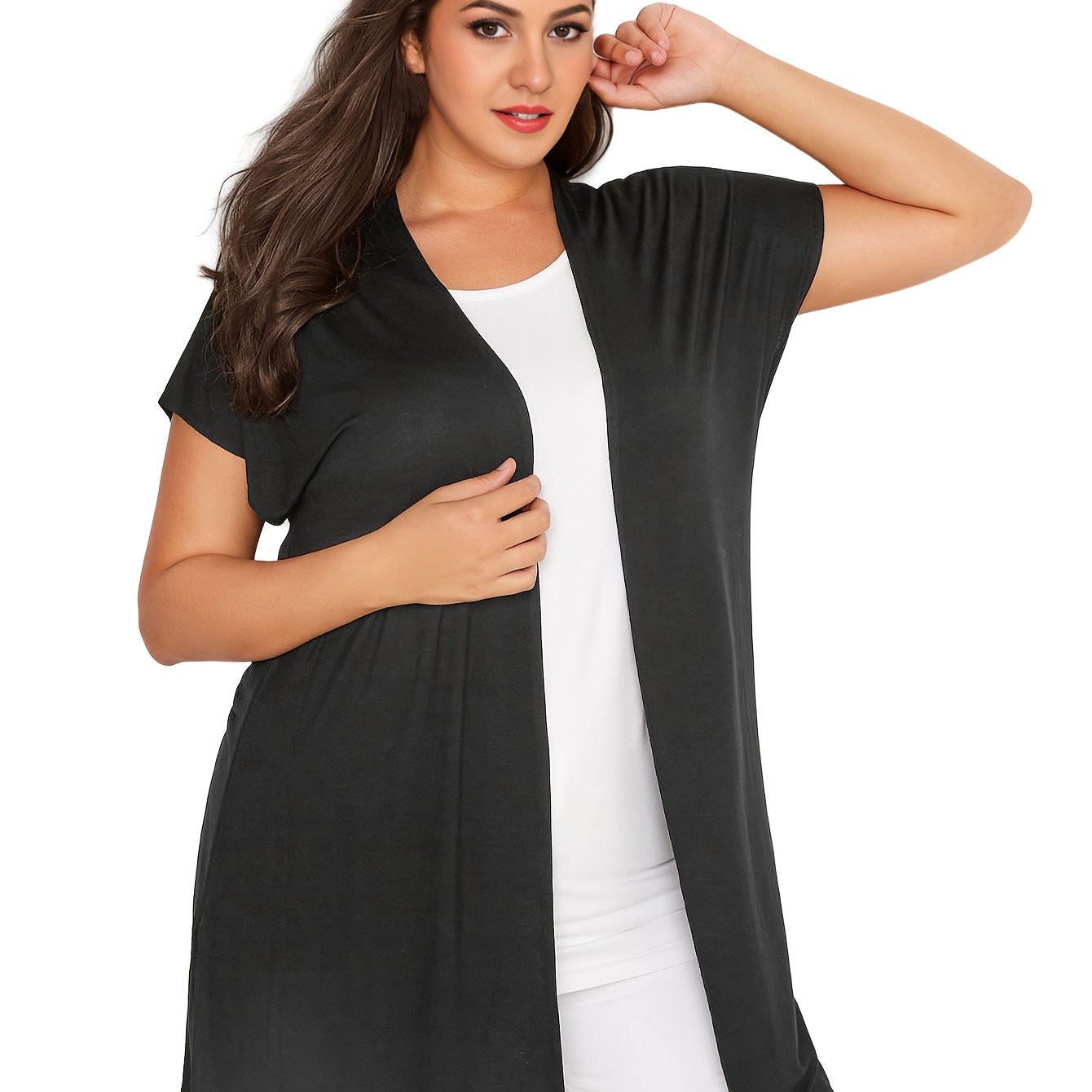 Plus Size Women's Loose Casual Cardigan with Side Splits and Grown-On Sleeve