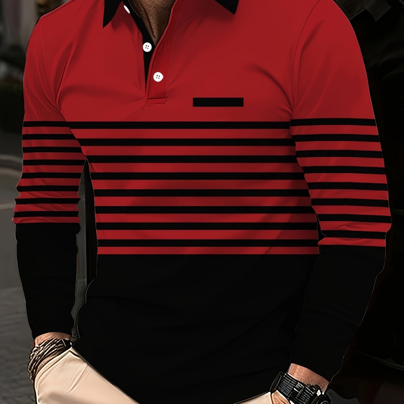 Camisa polo de rayas para hombre con cuello de solapa con botones, 100% poliéster, ajuste regular para primavera y otoño