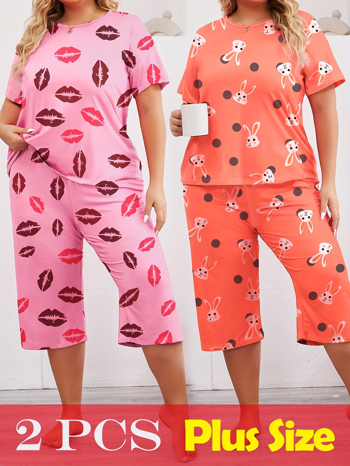 Women's Plus Size Pajama Set Shorts Sleeve Lounge Wear Capri Pants