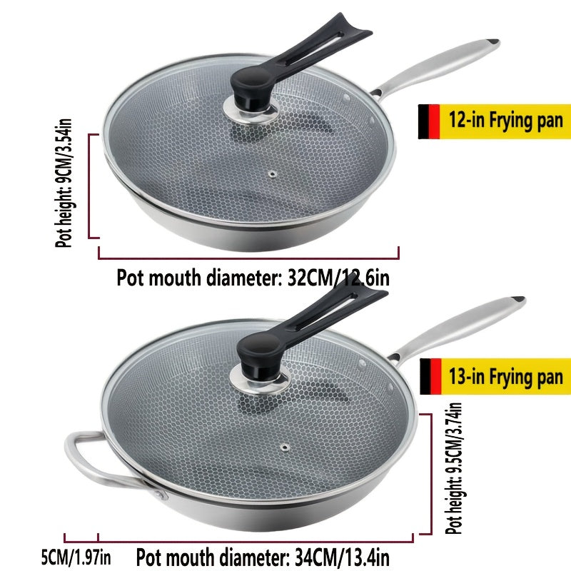 Stainless Steel Wok Pan with Glass Lid Non-Stick Induction Gas Suitable for Fish Eggs Steak