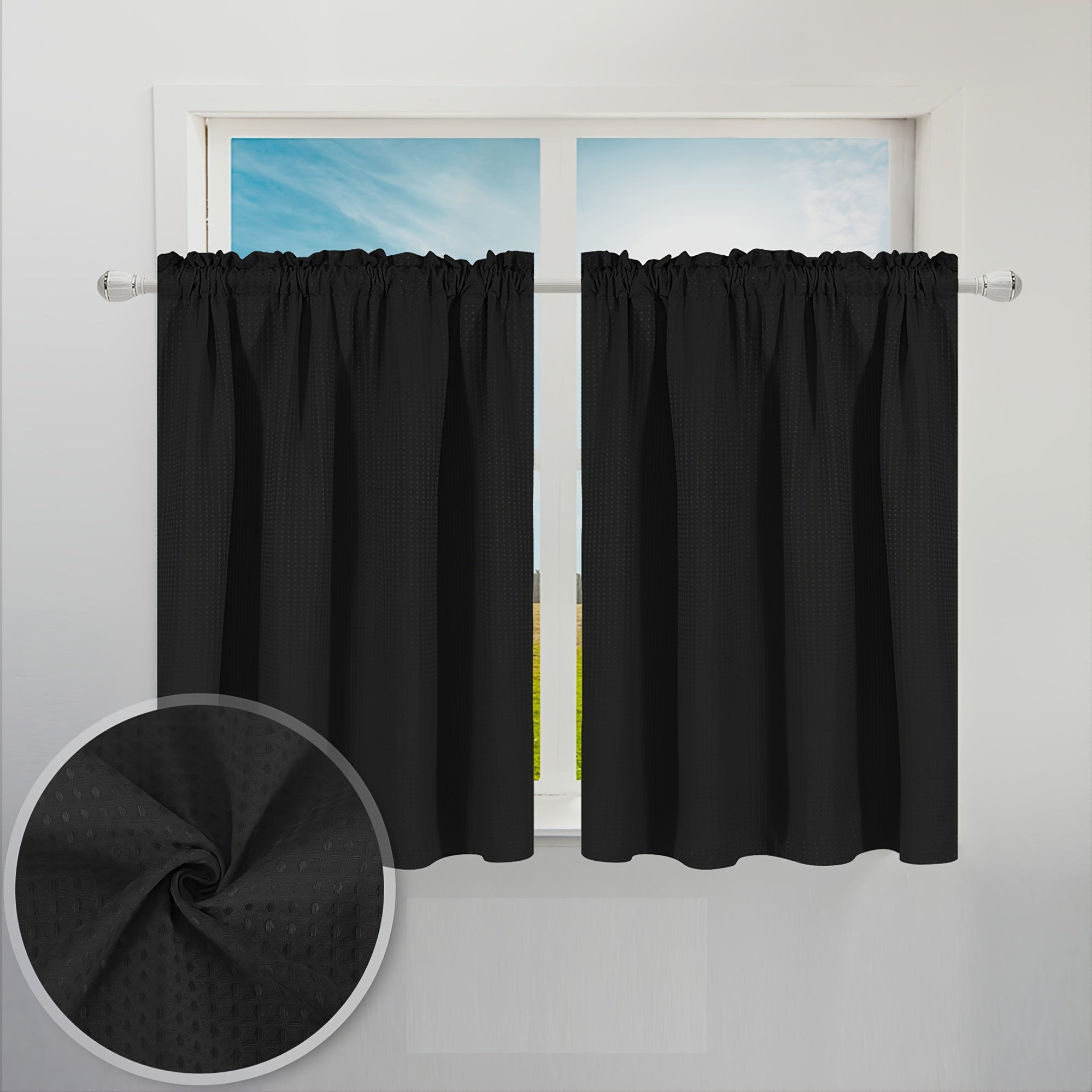 Set of 2 Waterproof Waffle Weave Half Window Curtains for Bathroom Kitchen Coffee Shop