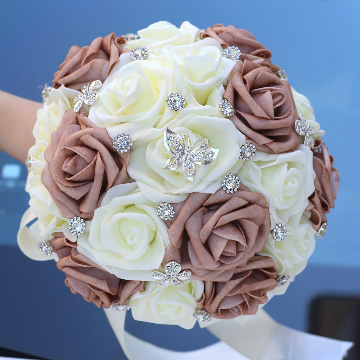 Handcrafted Bridal Bouquet Satin Flowers Rhinestones Pearls for Weddings and Events