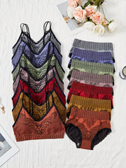 Women’s Baroque Style Lingerie Set with Removable Pads and Mid-Rise Briefs in 7 Color Pack